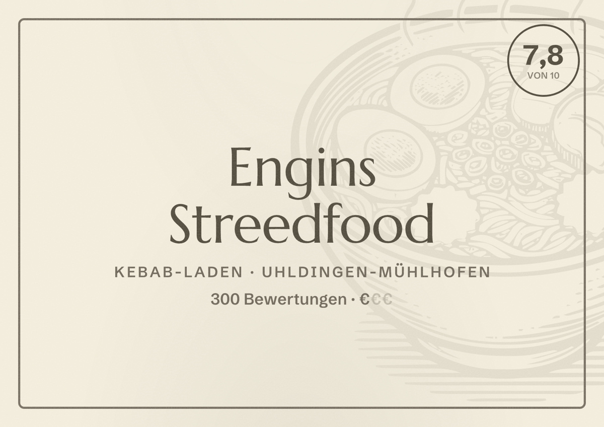 Illustriertes Poster von Engins Streedfood, Kebab-Laden in Uhldingen-Mühlhofen: Bewertung 7,8 von 10 aus 300 Bewertungen, Preisniveau €