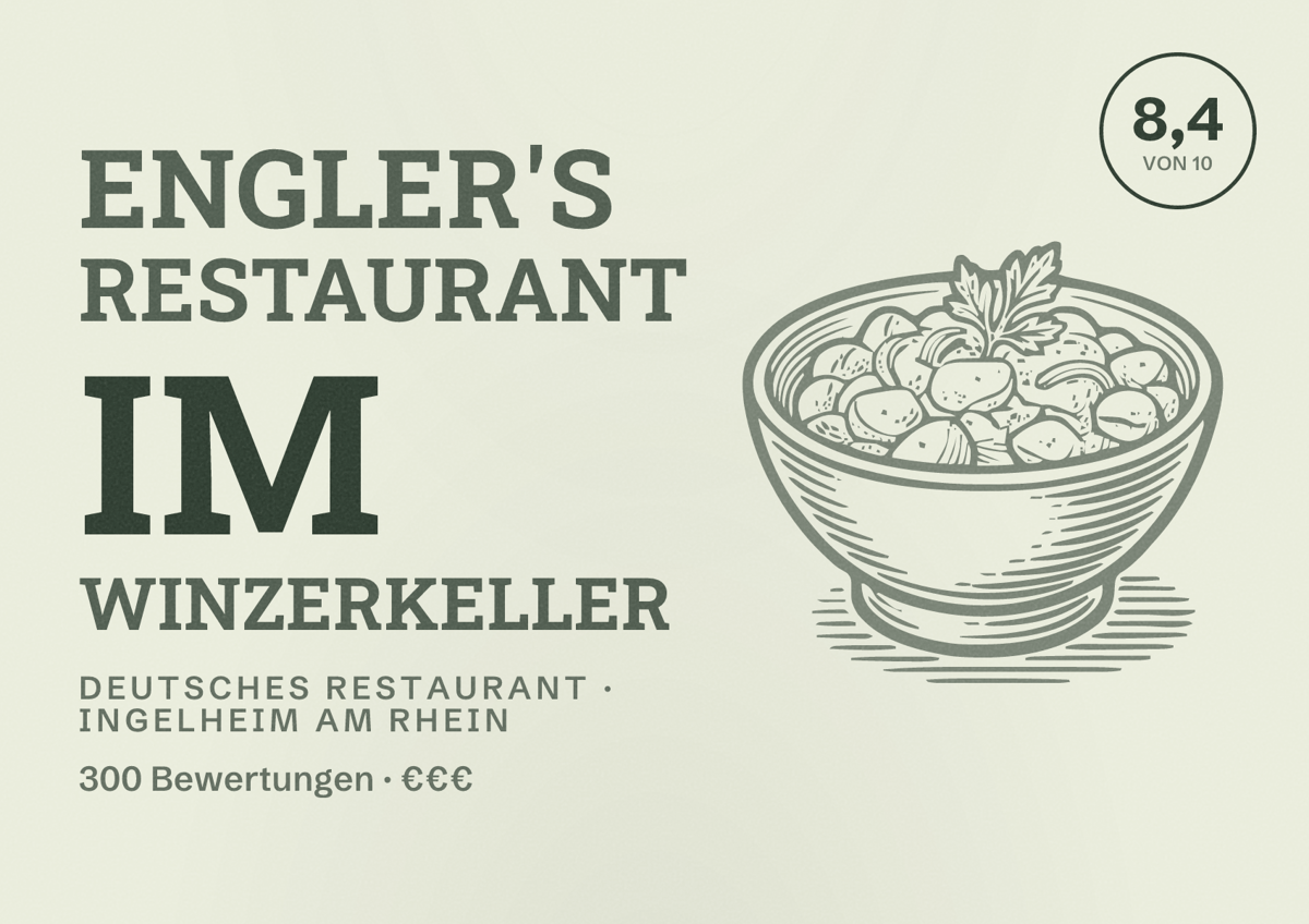 Illustriertes Poster von ENGLER'S Restaurant im Winzerkeller, Deutsches Restaurant in Ingelheim am Rhein: Bewertung 8,4 von 10 aus 300 Bewertungen, Preisniveau €€€