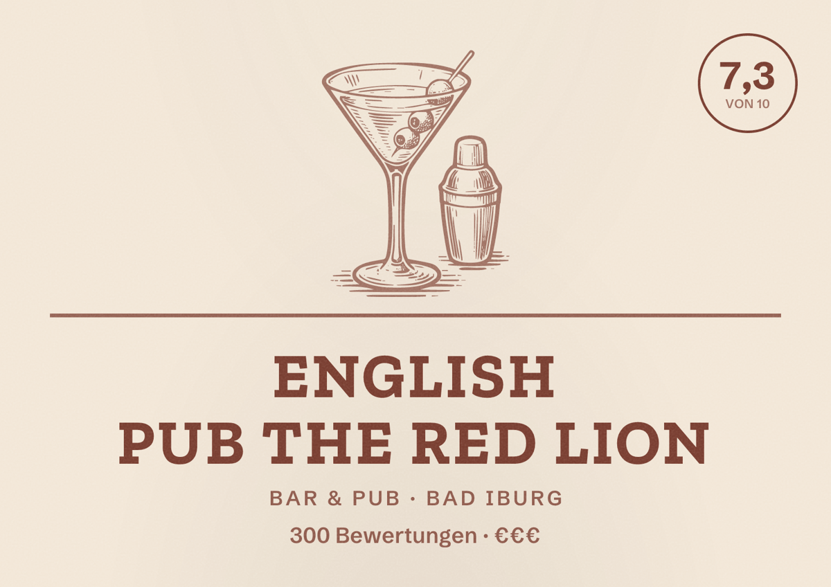 Illustriertes Poster von English Pub The Red Lion, Bar & Pub in Bad Iburg: Bewertung 7,3 von 10 aus 300 Bewertungen, Preisniveau €€€