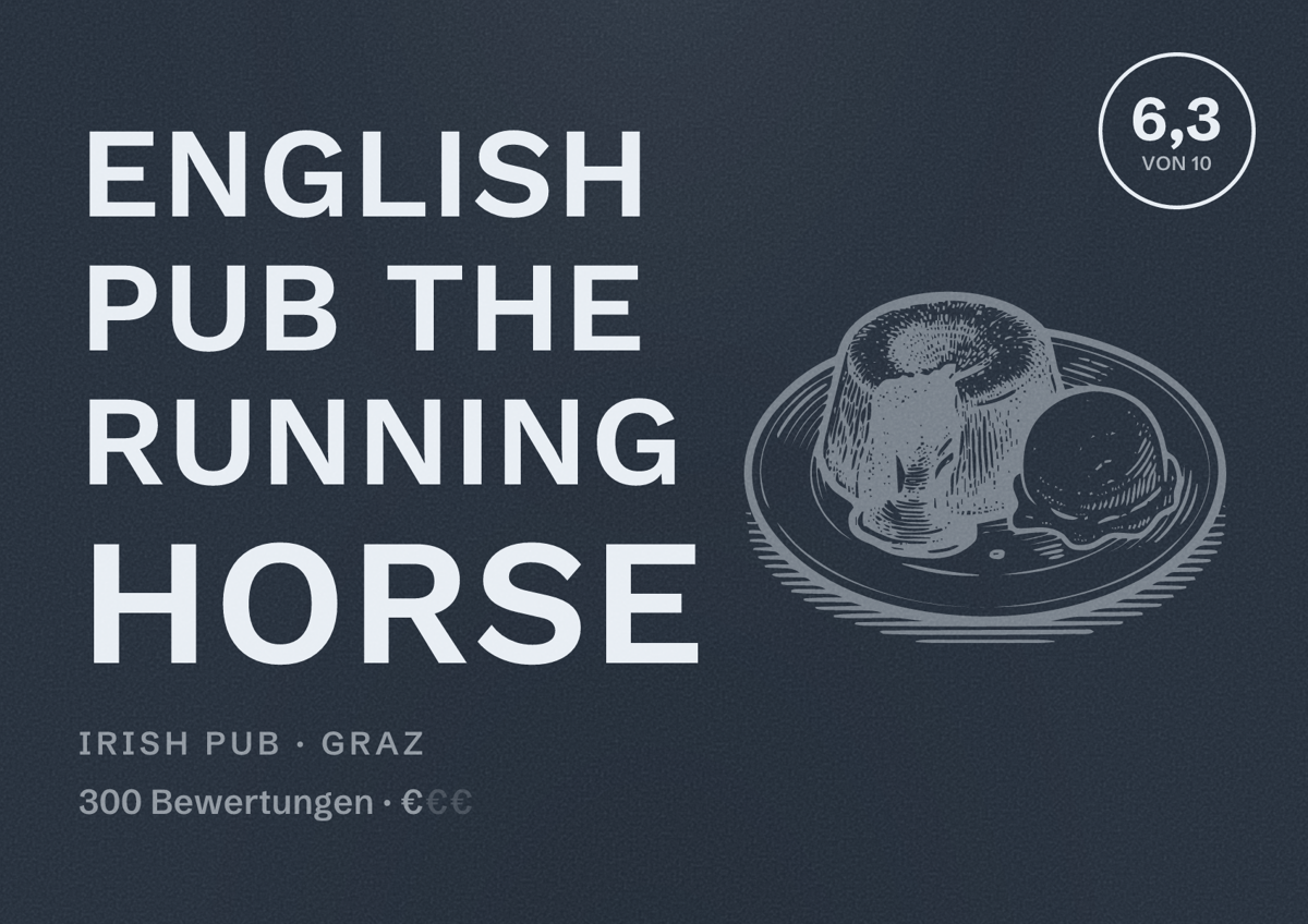Illustriertes Poster von English Pub The Running Horse, Irish Pub in Graz: Bewertung 6,3 von 10 aus 300 Bewertungen, Preisniveau €