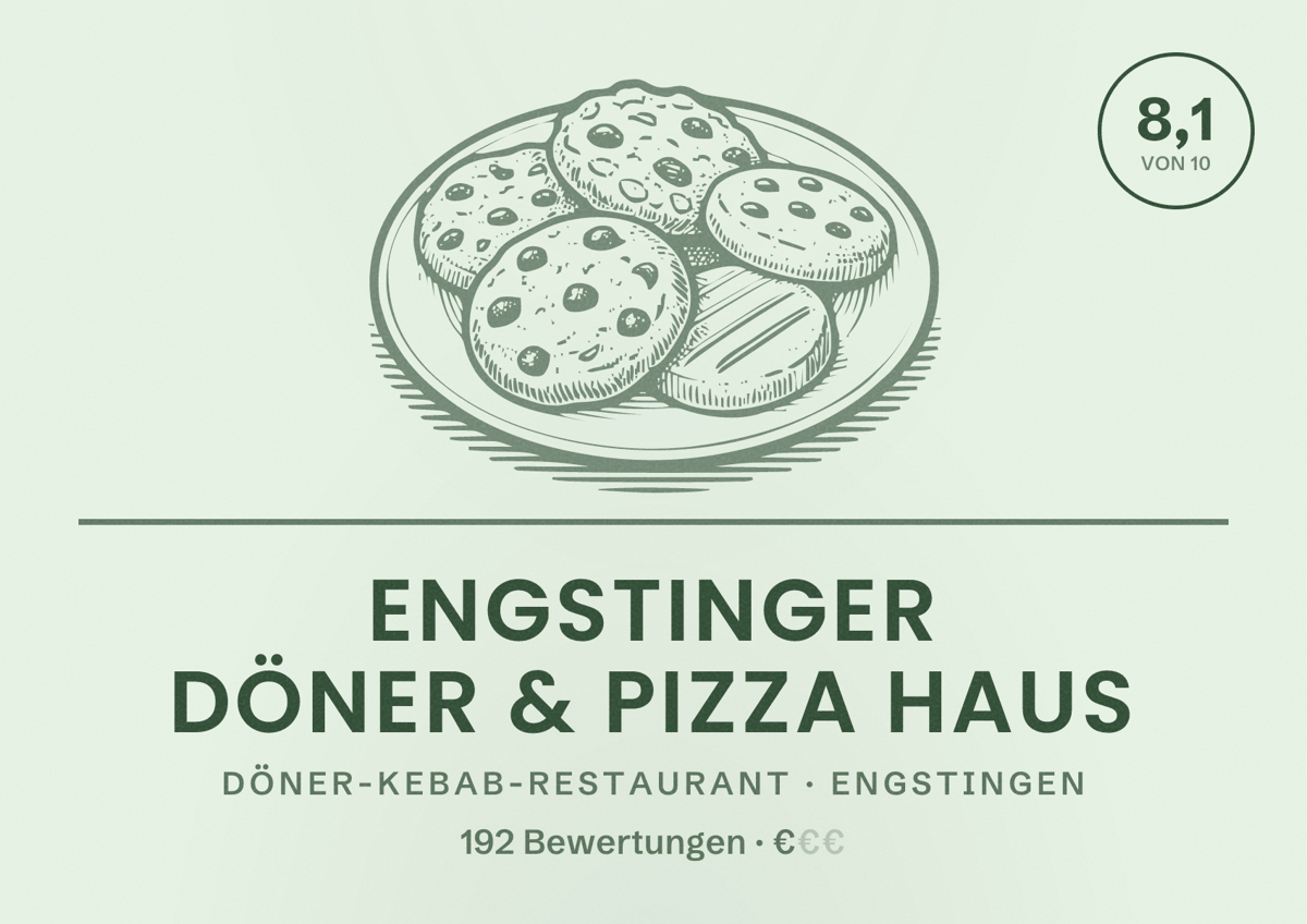 Illustriertes Poster von Engstinger Döner & Pizza Haus, Döner-Kebab-Restaurant in Engstingen: Bewertung 8,1 von 10 aus 192 Bewertungen, Preisniveau €