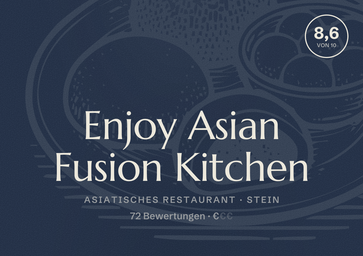 Illustriertes Poster von Enjoy Asian Fusion Kitchen, Asiatisches Restaurant in Stein: Bewertung 8,6 von 10 aus 72 Bewertungen, Preisniveau €