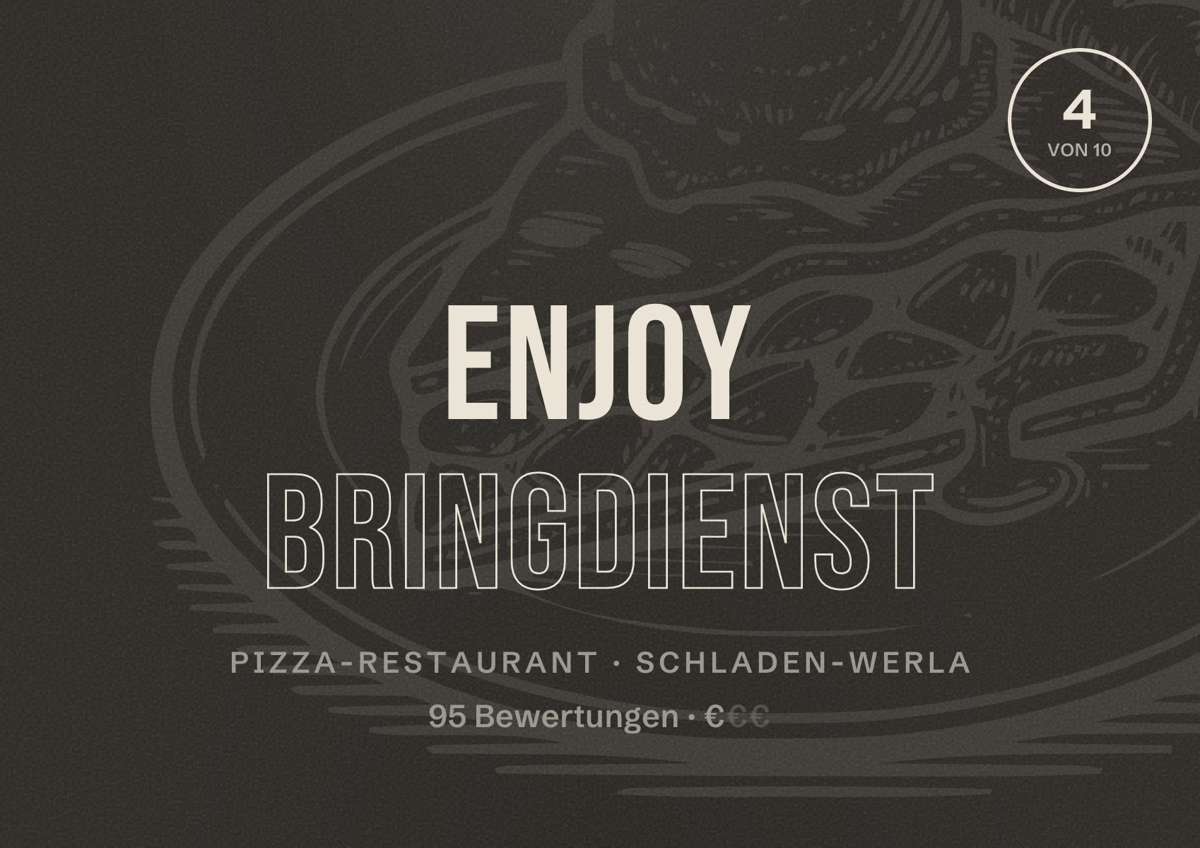Illustriertes Poster von Enjoy Bringdienst, Pizza-Restaurant in Schladen-Werla: Bewertung 4 von 10 aus 95 Bewertungen, Preisniveau €