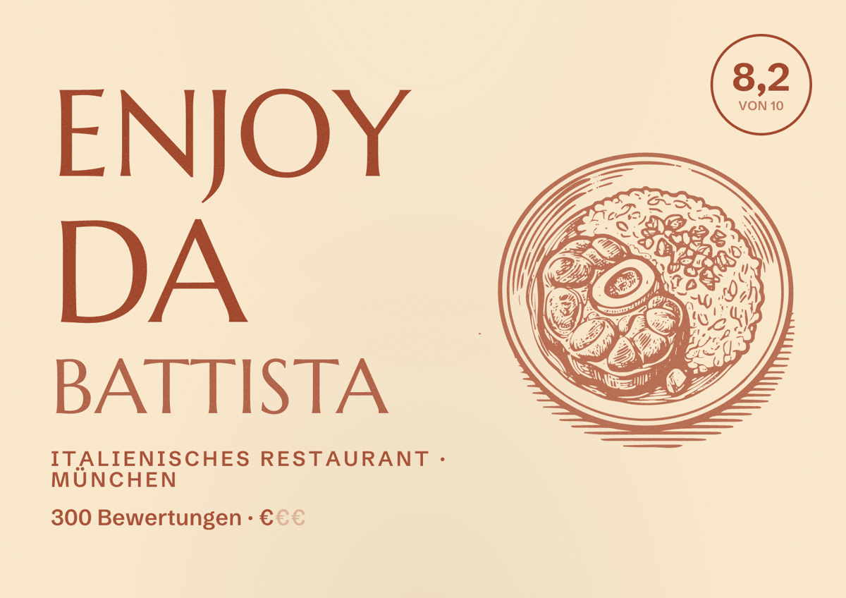 Illustriertes Poster von Enjoy Da Battista, Italienisches Restaurant in München: Bewertung 8,2 von 10 aus 300 Bewertungen, Preisniveau €