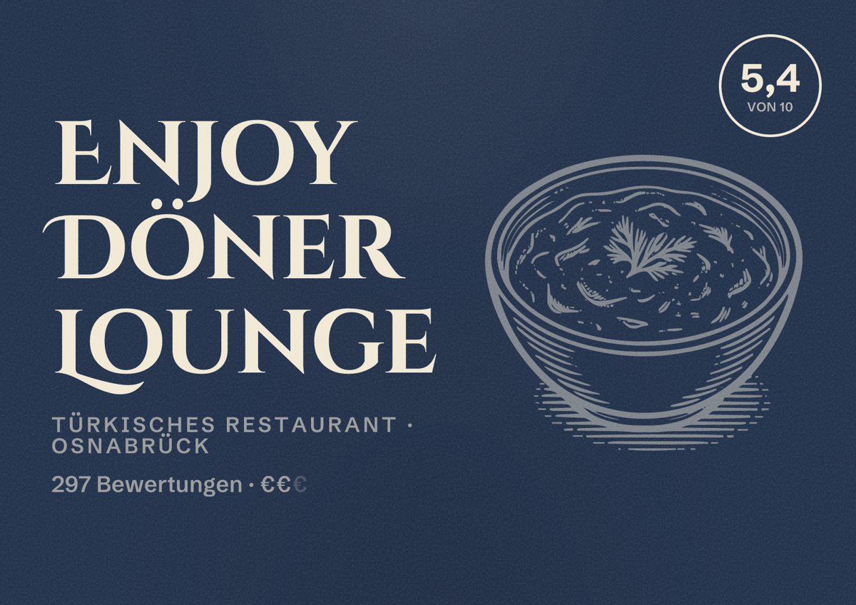 Illustriertes Poster von Enjoy Döner Lounge, Türkisches Restaurant in Osnabrück: Bewertung 5,4 von 10 aus 297 Bewertungen, Preisniveau €€