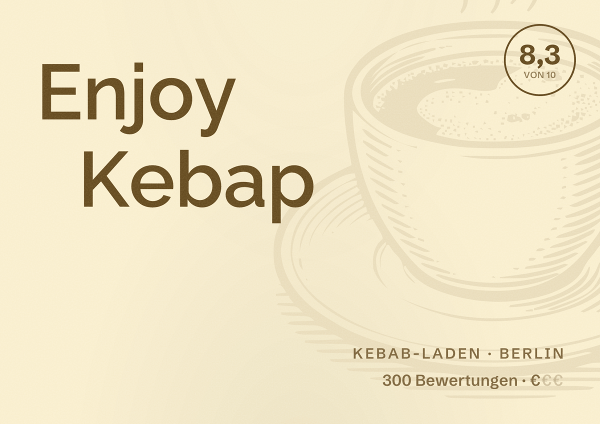 Illustriertes Poster von Enjoy Kebap, Kebab-Laden in Berlin: Bewertung 8,3 von 10 aus 300 Bewertungen, Preisniveau €