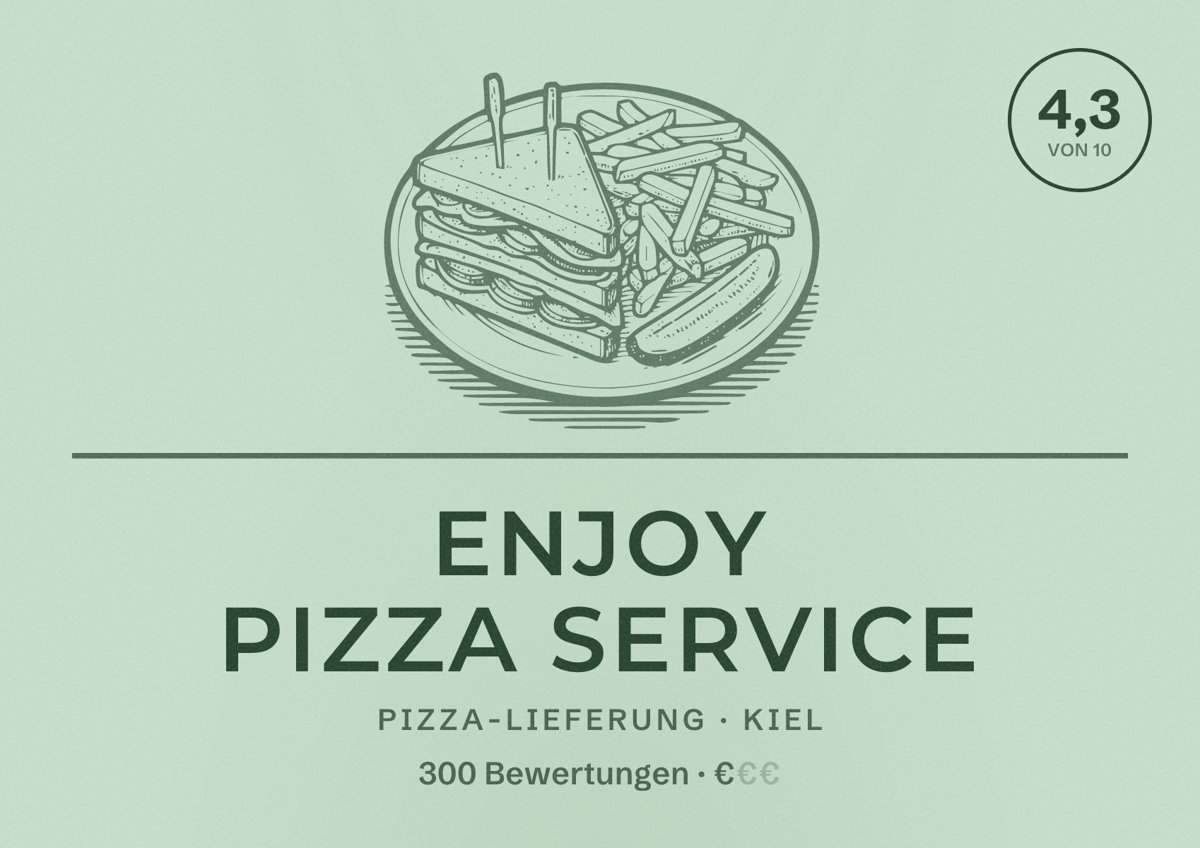 Illustriertes Poster von Enjoy Pizza Service, Pizza-Lieferung in Kiel: Bewertung 4,3 von 10 aus 300 Bewertungen, Preisniveau €