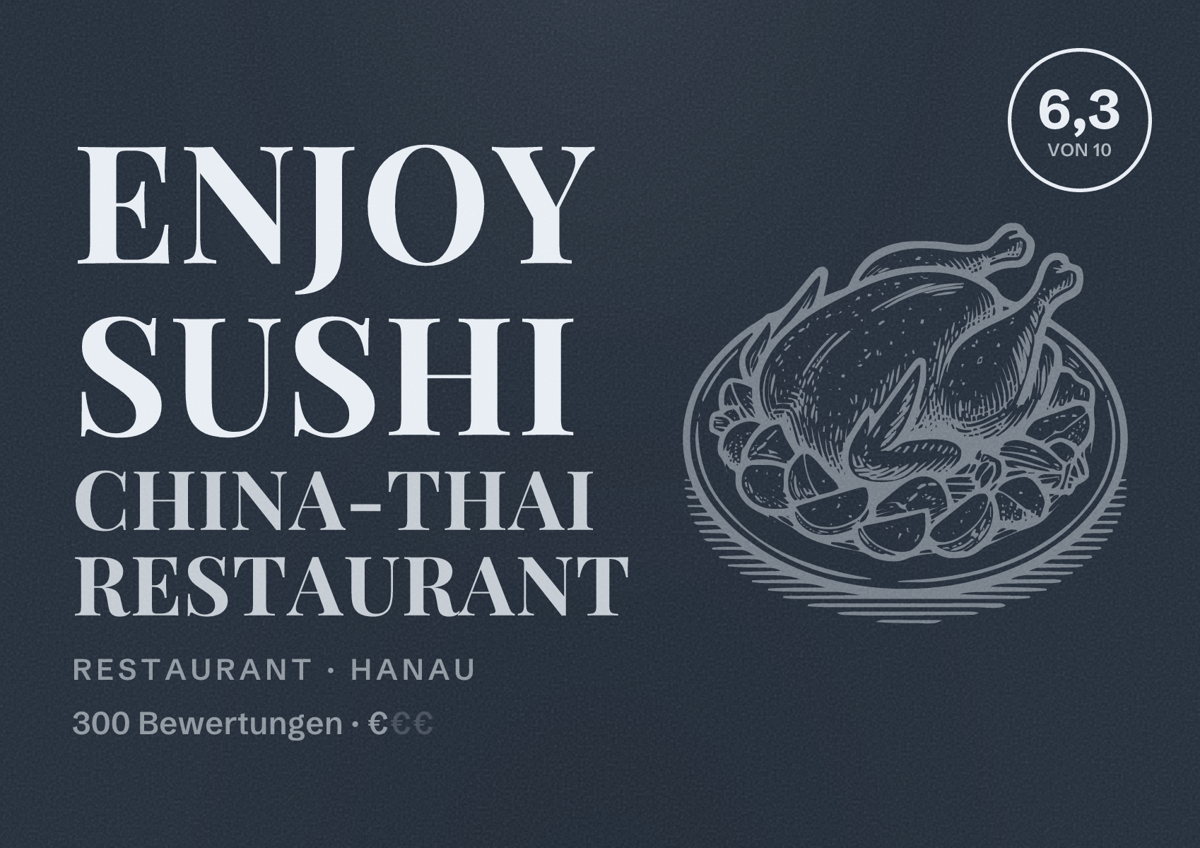 Illustriertes Poster von Enjoy Sushi China-Thai Restaurant, Restaurant in Hanau: Bewertung 6,3 von 10 aus 300 Bewertungen, Preisniveau €