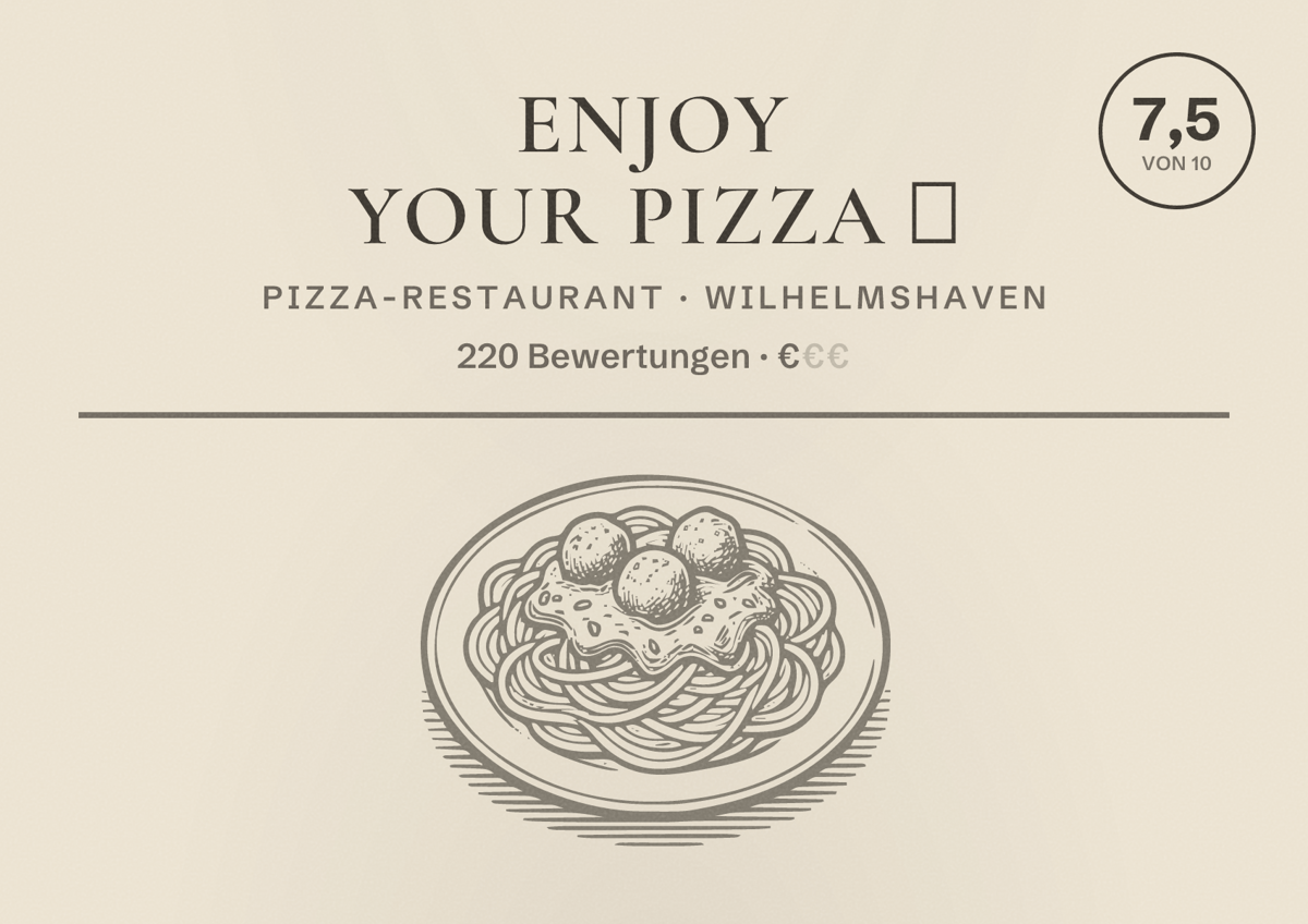 Illustriertes Poster von Enjoy your Pizza 🍕, Pizza-Restaurant in Wilhelmshaven: Bewertung 7,5 von 10 aus 220 Bewertungen, Preisniveau €