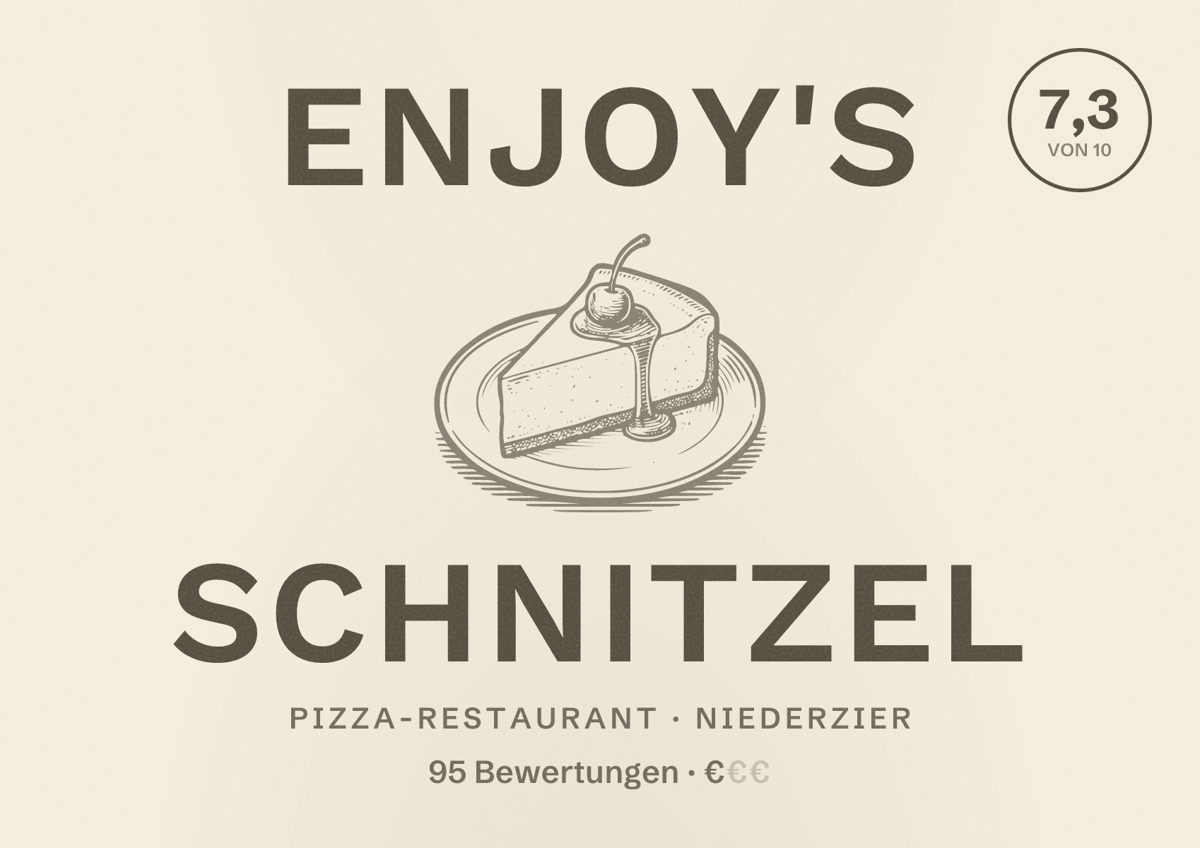 Illustriertes Poster von Enjoy's Schnitzel, Pizza-Restaurant in Niederzier: Bewertung 7,3 von 10 aus 95 Bewertungen, Preisniveau €