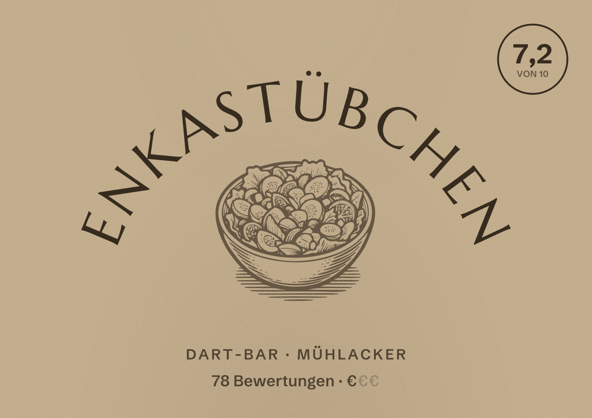 Illustriertes Poster von Enkastübchen, Dart-Bar in Mühlacker: Bewertung 7,2 von 10 aus 78 Bewertungen, Preisniveau €