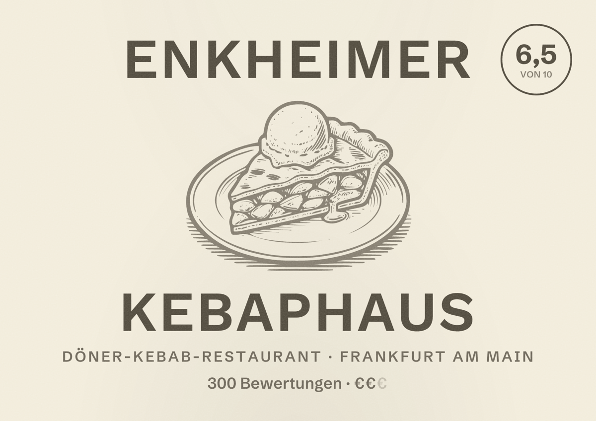 Illustriertes Poster von Enkheimer Kebaphaus, Döner-Kebab-Restaurant in Frankfurt am Main: Bewertung 6,5 von 10 aus 300 Bewertungen, Preisniveau €€