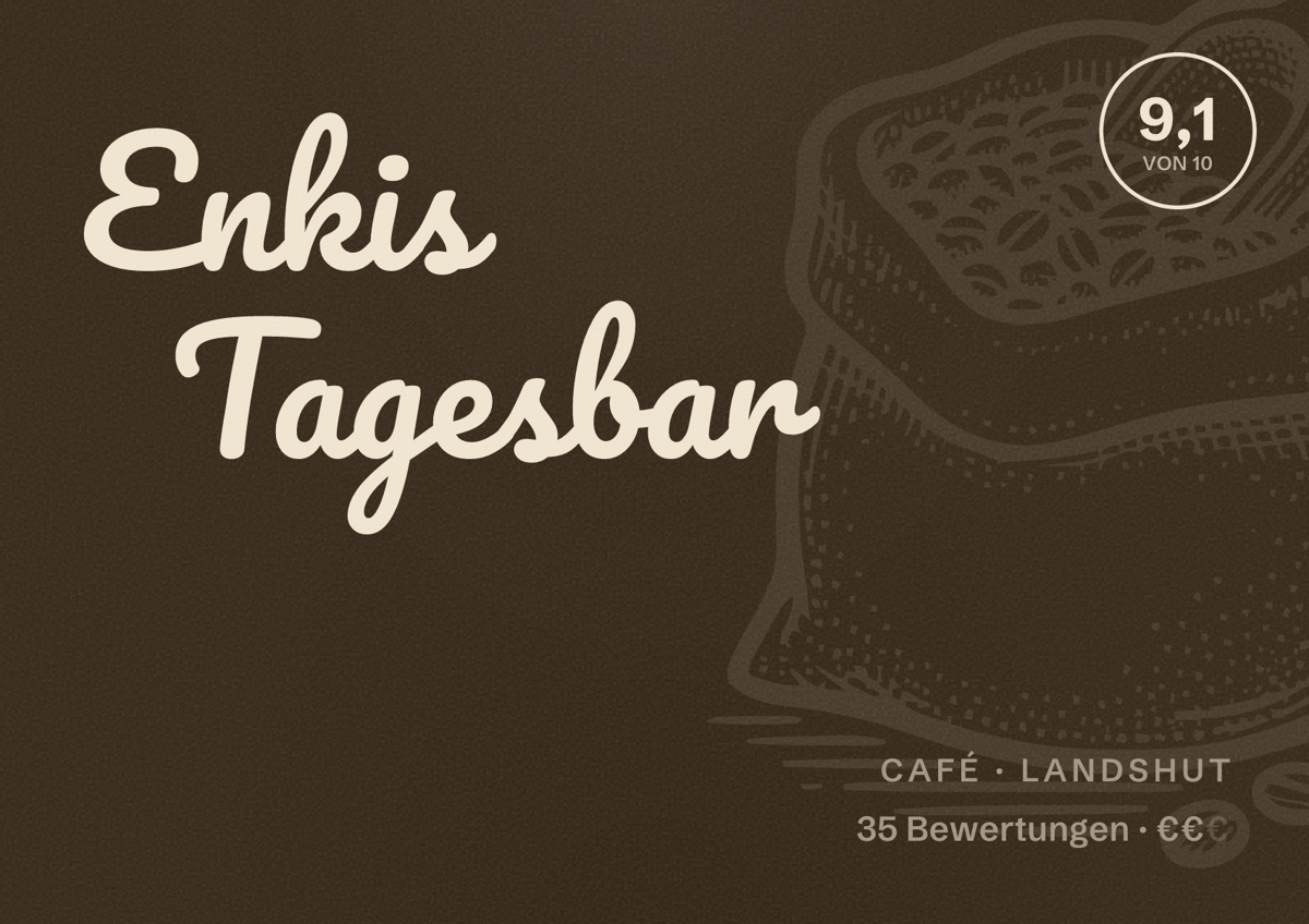 Illustriertes Poster von Enkis Tagesbar, Café in Landshut: Bewertung 9,1 von 10 aus 35 Bewertungen, Preisniveau €€