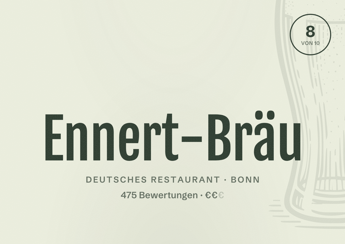 Illustriertes Poster von Ennert-Bräu, Deutsches Restaurant in Bonn: Bewertung 8 von 10 aus 475 Bewertungen, Preisniveau €€