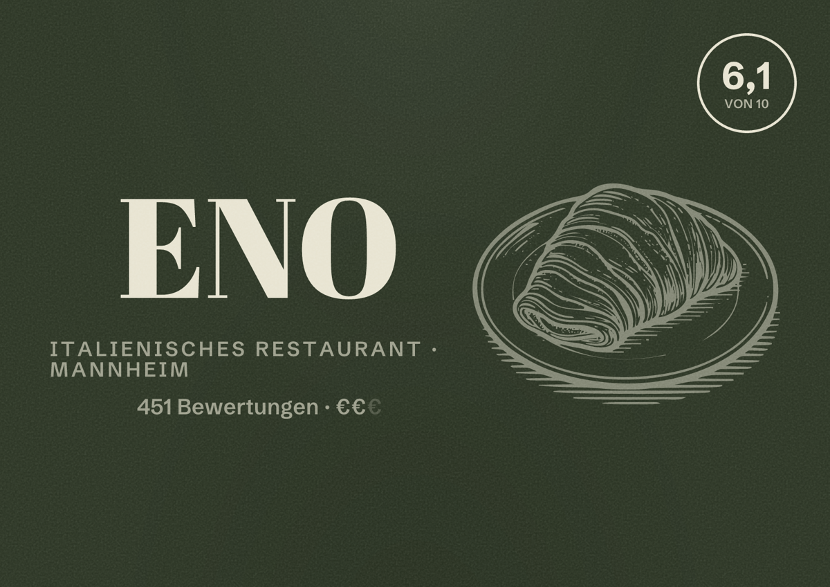 Illustriertes Poster von ENO, Italienisches Restaurant in Mannheim: Bewertung 6,1 von 10 aus 451 Bewertungen, Preisniveau €€