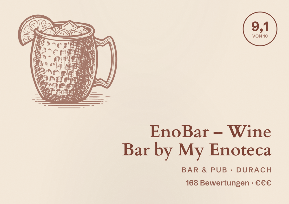 Illustriertes Poster von EnoBar – Wine Bar by My Enoteca, Bar & Pub in Durach: Bewertung 9,1 von 10 aus 168 Bewertungen, Preisniveau €€€