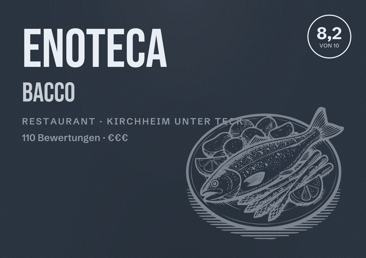 Illustriertes Poster von Enoteca Bacco, Restaurant in Kirchheim unter Teck: Bewertung 8,2 von 10 aus 110 Bewertungen, Preisniveau €€€