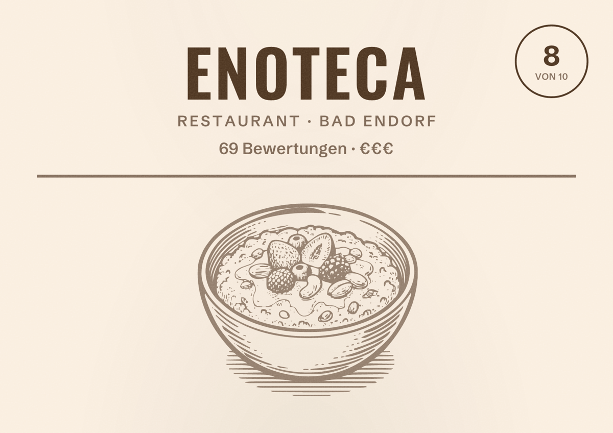 Illustriertes Poster von Enoteca, Restaurant in Bad Endorf: Bewertung 8 von 10 aus 69 Bewertungen, Preisniveau €€€