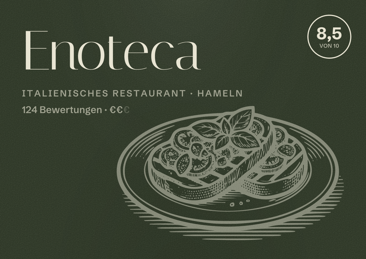 Illustriertes Poster von Enoteca, Italienisches Restaurant in Hameln: Bewertung 8,5 von 10 aus 124 Bewertungen, Preisniveau €€