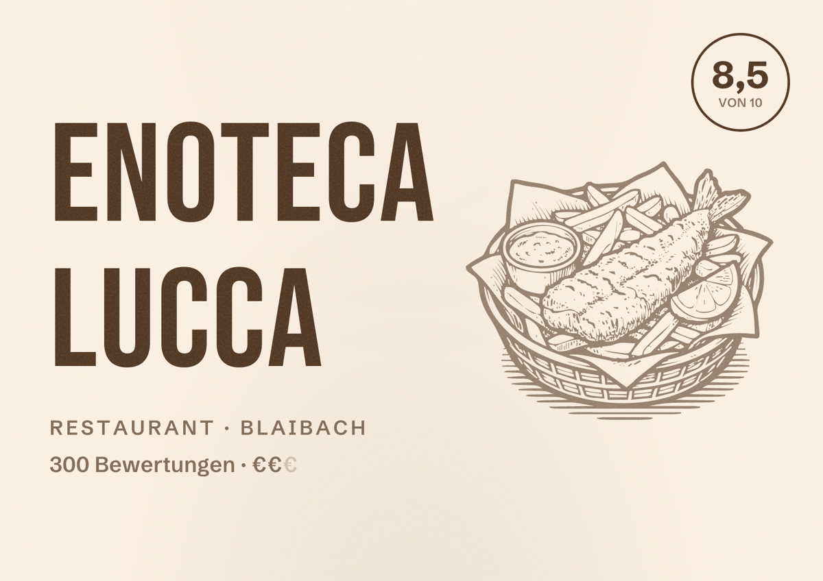 Illustriertes Poster von Enoteca Lucca, Restaurant in Blaibach: Bewertung 8,5 von 10 aus 300 Bewertungen, Preisniveau €€
