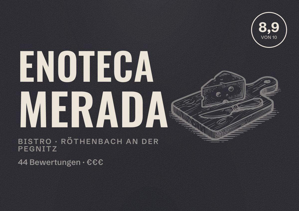 Illustriertes Poster von ENOTECA MERADA, Bistro in Röthenbach an der Pegnitz: Bewertung 8,9 von 10 aus 44 Bewertungen, Preisniveau €€€