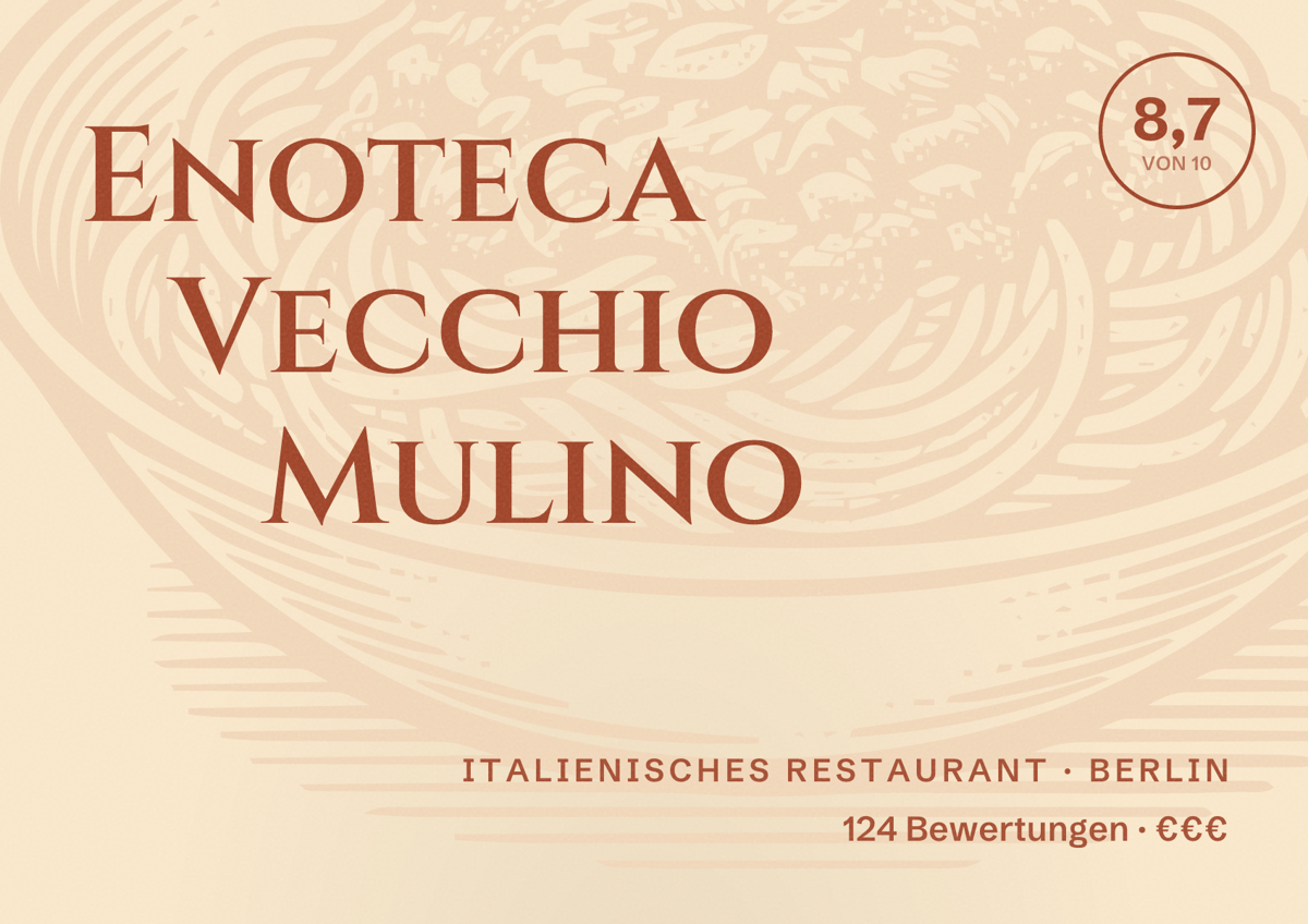 Illustriertes Poster von Enoteca Vecchio Mulino, Italienisches Restaurant in Berlin: Bewertung 8,7 von 10 aus 124 Bewertungen, Preisniveau €€€