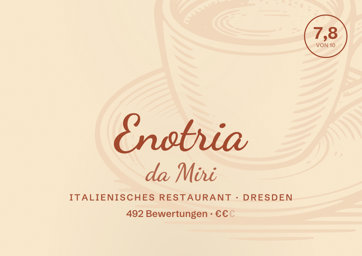 Illustriertes Poster von Enotria da Miri, Italienisches Restaurant in Dresden: Bewertung 7,8 von 10 aus 492 Bewertungen, Preisniveau €€