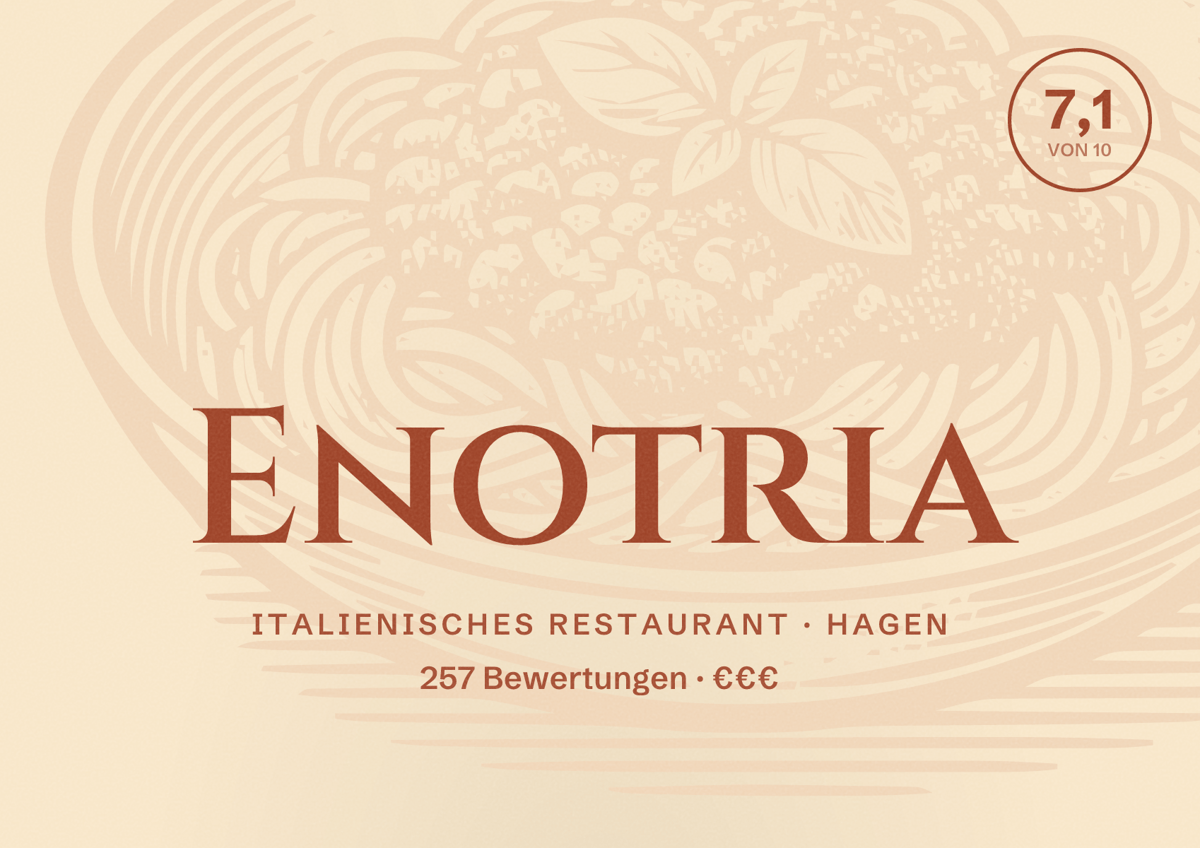 Illustriertes Poster von Enotria, Italienisches Restaurant in Hagen: Bewertung 7,1 von 10 aus 257 Bewertungen, Preisniveau €€€
