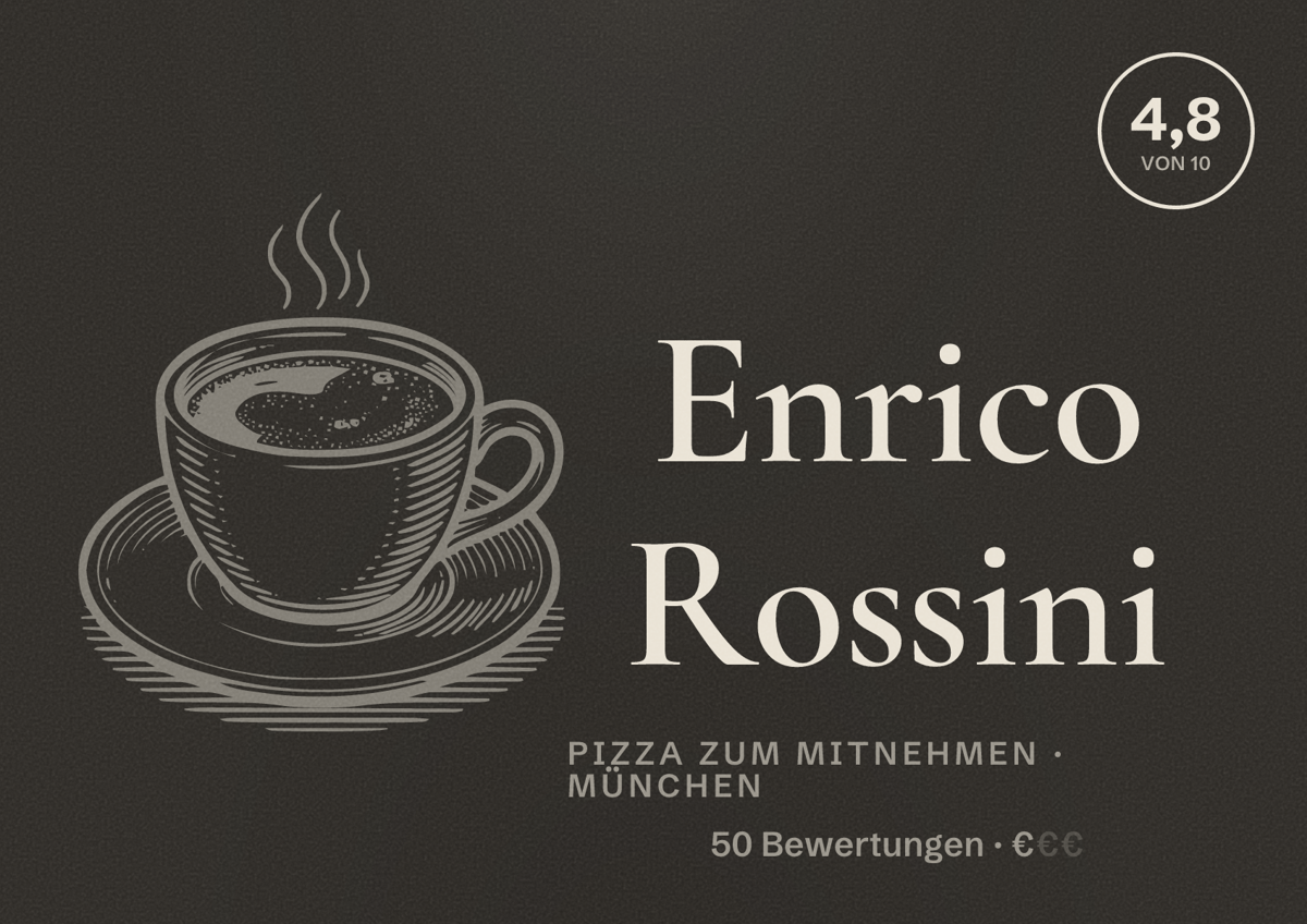 Illustriertes Poster von Enrico Rossini, Pizza zum Mitnehmen in München: Bewertung 4,8 von 10 aus 50 Bewertungen, Preisniveau €