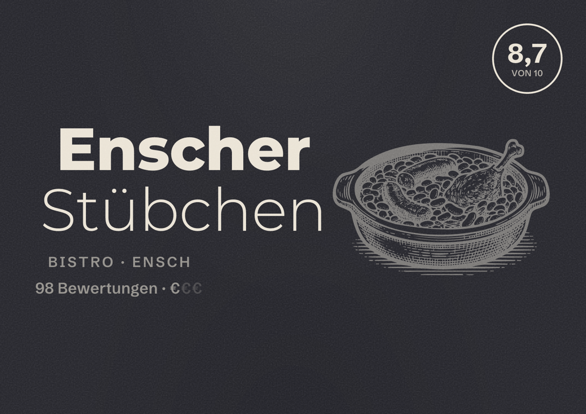 Illustriertes Poster von Enscher Stübchen, Bistro in Ensch: Bewertung 8,7 von 10 aus 98 Bewertungen, Preisniveau €