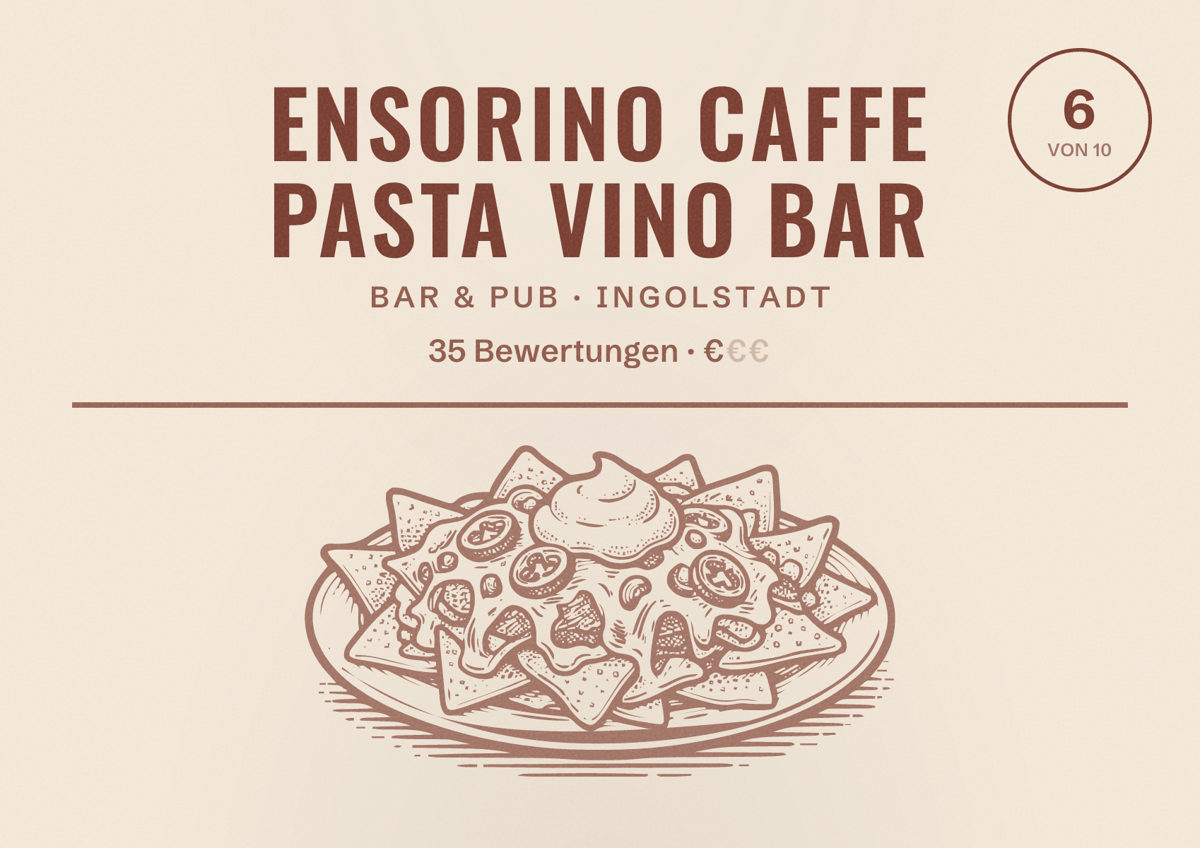 Illustriertes Poster von Ensorino Caffe Pasta Vino Bar, Bar & Pub in Ingolstadt: Bewertung 6 von 10 aus 35 Bewertungen, Preisniveau €