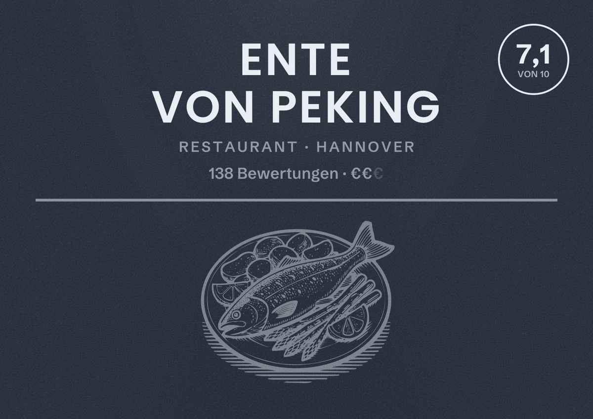 Illustriertes Poster von Ente von Peking, Restaurant in Hannover: Bewertung 7,1 von 10 aus 138 Bewertungen, Preisniveau €€