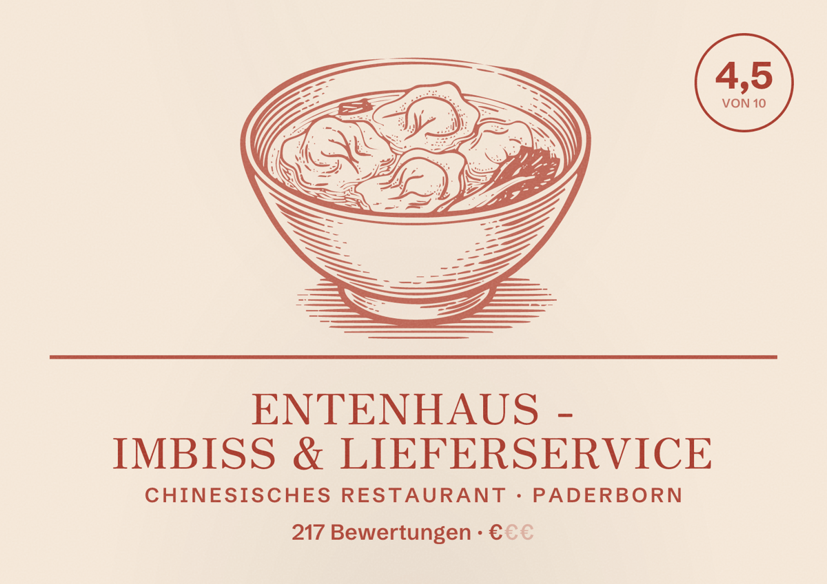 Illustriertes Poster von Entenhaus - Imbiss & Lieferservice, Chinesisches Restaurant in Paderborn: Bewertung 4,5 von 10 aus 217 Bewertungen, Preisniveau €