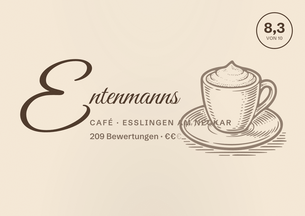 Illustriertes Poster von Entenmanns, Café in Esslingen am Neckar: Bewertung 8,3 von 10 aus 209 Bewertungen, Preisniveau €€