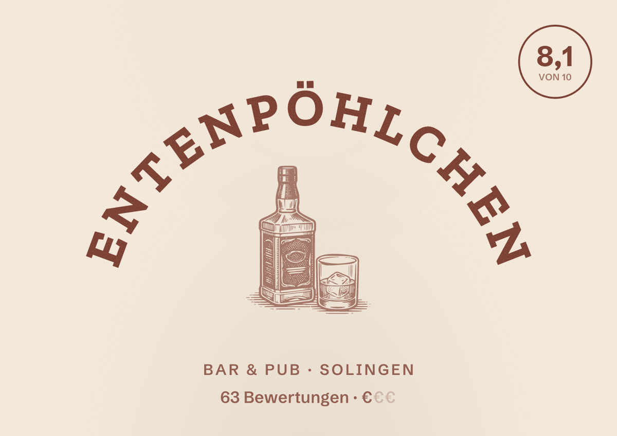 Illustriertes Poster von Entenpöhlchen, Bar & Pub in Solingen: Bewertung 8,1 von 10 aus 63 Bewertungen, Preisniveau €
