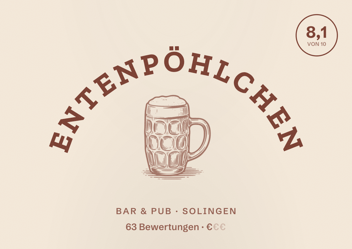 Illustriertes Poster von Entenpöhlchen, Bar & Pub in Solingen: Bewertung 8,1 von 10 aus 63 Bewertungen, Preisniveau €