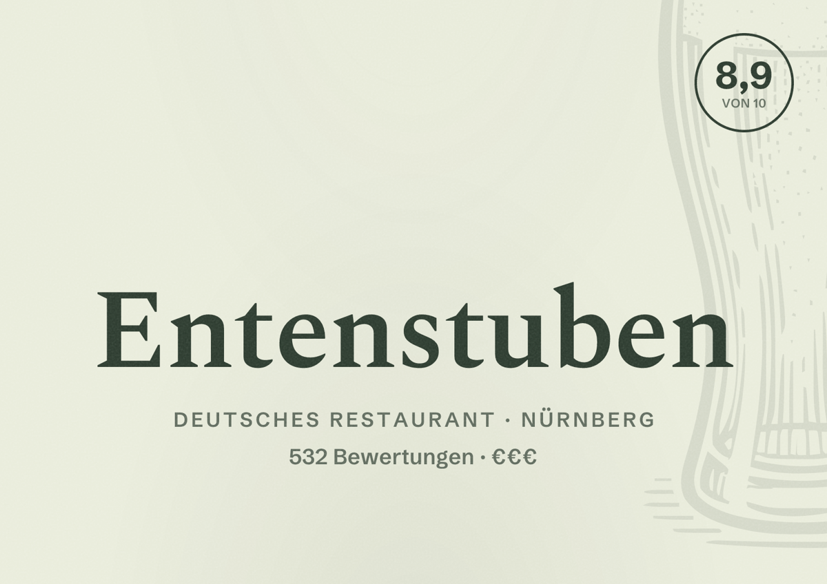Illustriertes Poster von Entenstuben, Deutsches Restaurant in Nürnberg: Bewertung 8,9 von 10 aus 532 Bewertungen, Preisniveau €€€