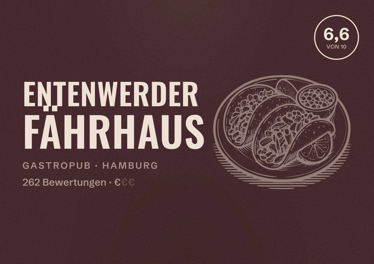 Illustriertes Poster von Entenwerder Fährhaus, Gastropub in Hamburg: Bewertung 6,6 von 10 aus 262 Bewertungen, Preisniveau €