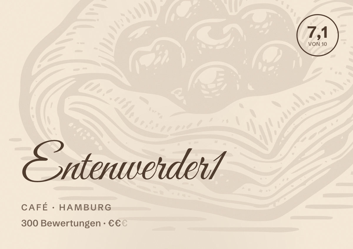 Illustriertes Poster von Entenwerder1, Café in Hamburg: Bewertung 7,1 von 10 aus 300 Bewertungen, Preisniveau €€