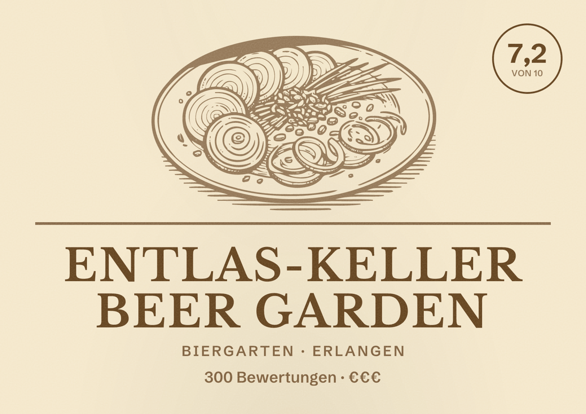 Illustriertes Poster von Entlas-Keller Beer Garden, Biergarten in Erlangen: Bewertung 7,2 von 10 aus 300 Bewertungen, Preisniveau €€€