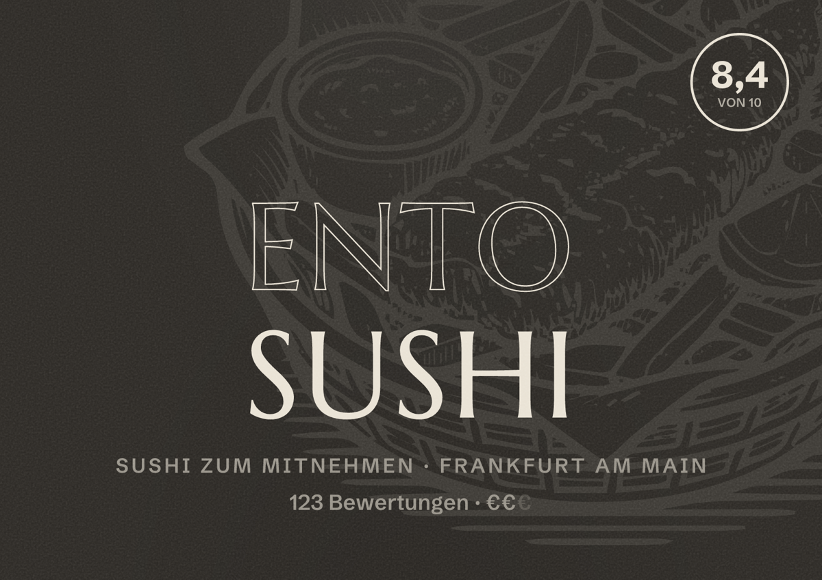 Illustriertes Poster von Ento Sushi, Sushi zum Mitnehmen in Frankfurt am Main: Bewertung 8,4 von 10 aus 123 Bewertungen, Preisniveau €€