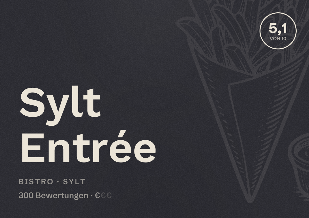 Illustriertes Poster von Sylt Entrée, Bistro in Sylt: Bewertung 5,1 von 10 aus 300 Bewertungen, Preisniveau €