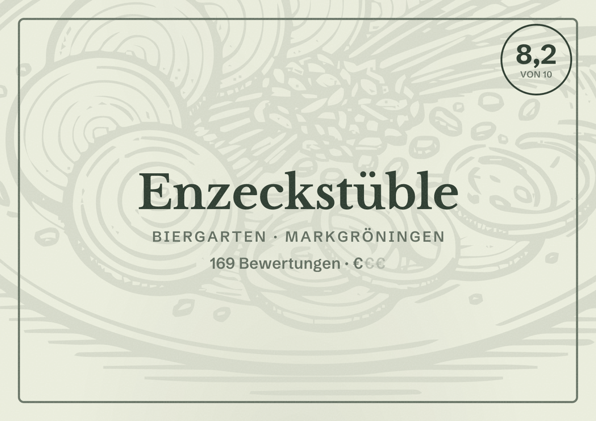Illustriertes Poster von Enzeckstüble, Biergarten in Markgröningen: Bewertung 8,2 von 10 aus 169 Bewertungen, Preisniveau €