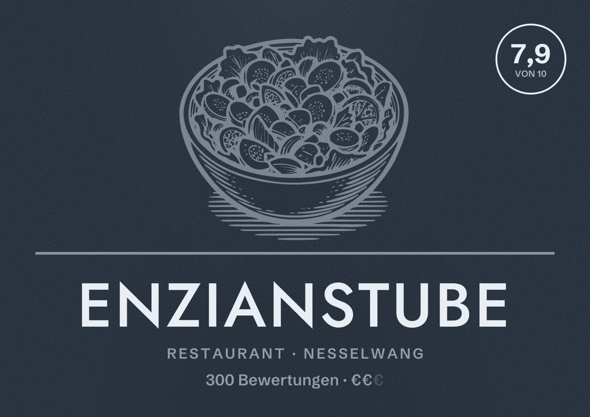 Illustriertes Poster von Enzianstube, Restaurant in Nesselwang: Bewertung 7,9 von 10 aus 300 Bewertungen, Preisniveau €€