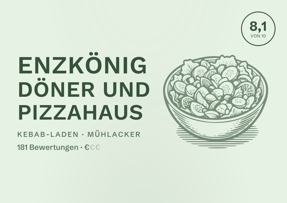 Illustriertes Poster von Enzkönig Döner und Pizzahaus, Kebab-Laden in Mühlacker: Bewertung 8,1 von 10 aus 181 Bewertungen, Preisniveau €