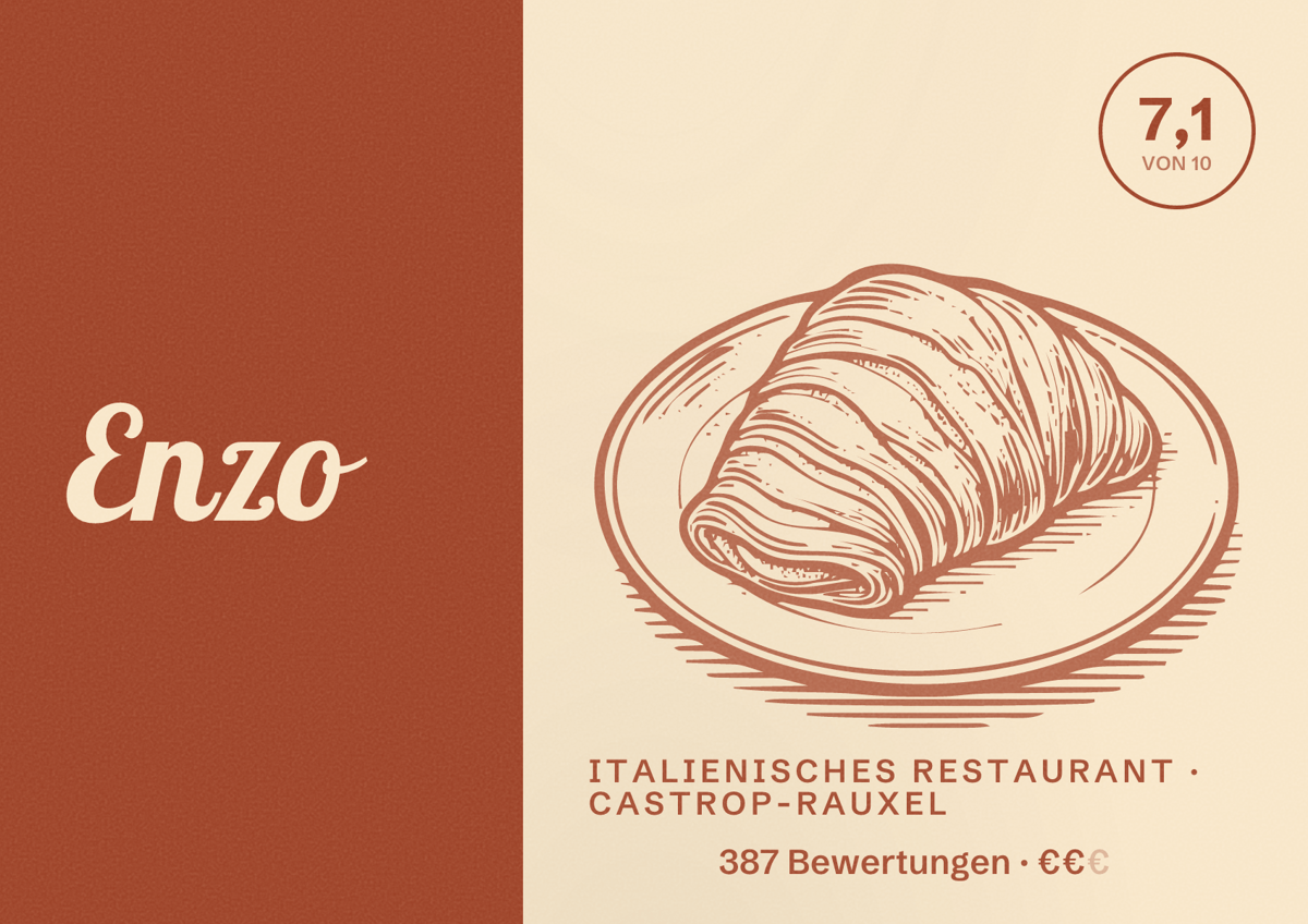 Illustriertes Poster von Enzo, Italienisches Restaurant in Castrop-Rauxel: Bewertung 7,1 von 10 aus 387 Bewertungen, Preisniveau €€