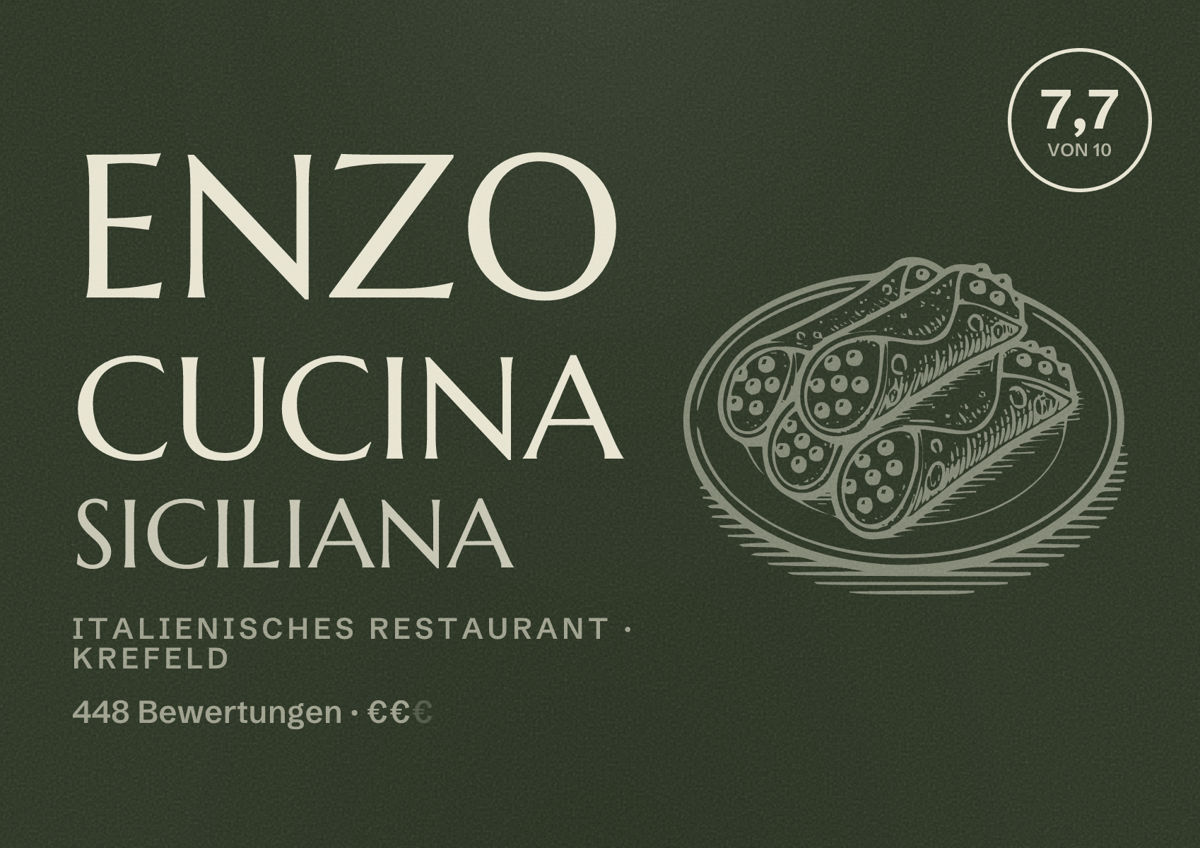 Illustriertes Poster von ENZO Cucina Siciliana, Italienisches Restaurant in Krefeld: Bewertung 7,7 von 10 aus 448 Bewertungen, Preisniveau €€