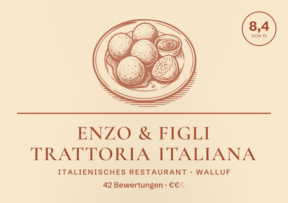 Illustriertes Poster von Enzo & Figli Trattoria Italiana, Italienisches Restaurant in Walluf: Bewertung 8,4 von 10 aus 42 Bewertungen, Preisniveau €€