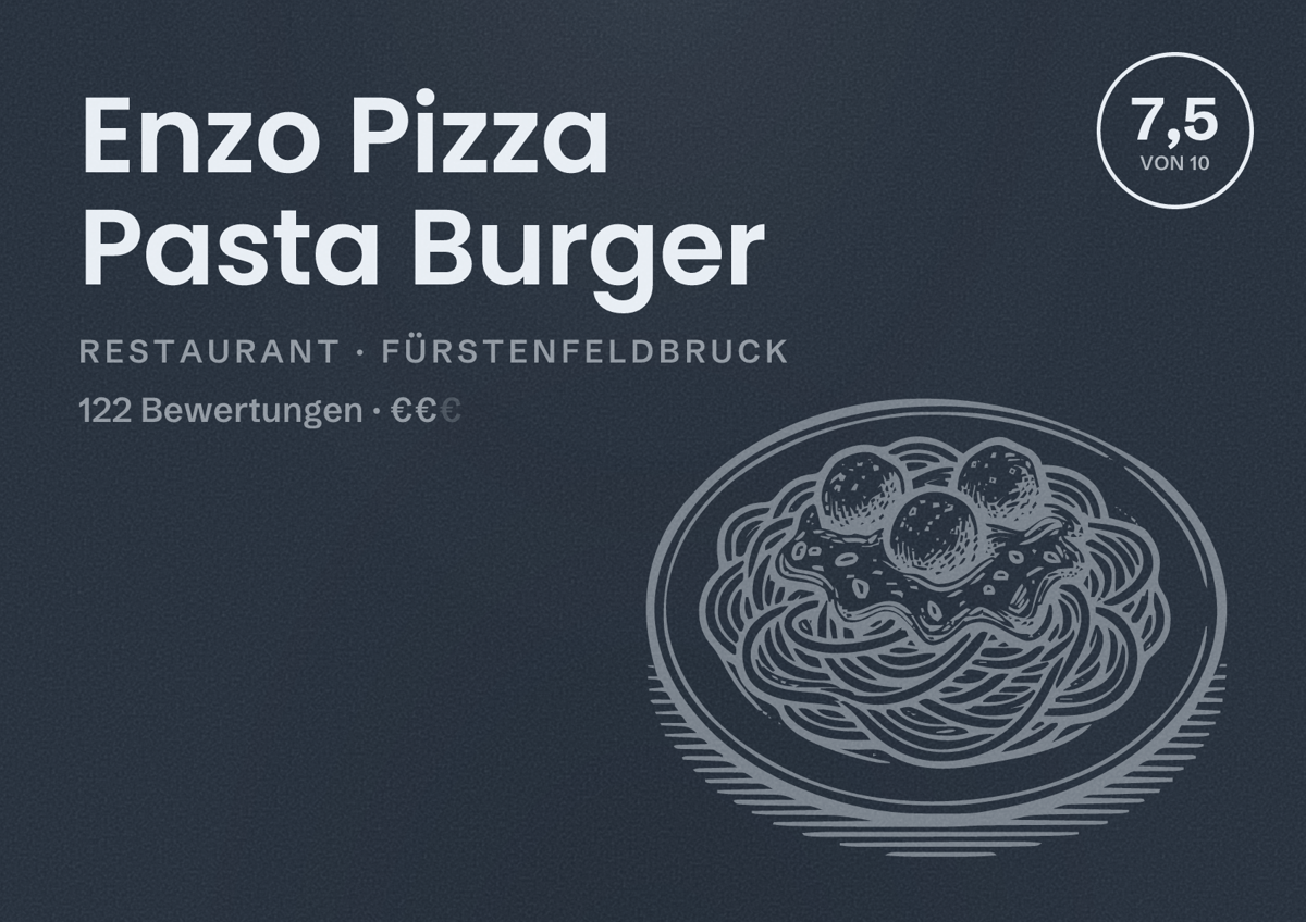 Illustriertes Poster von Enzo Pizza Pasta Burger, Restaurant in Fürstenfeldbruck: Bewertung 7,5 von 10 aus 122 Bewertungen, Preisniveau €€