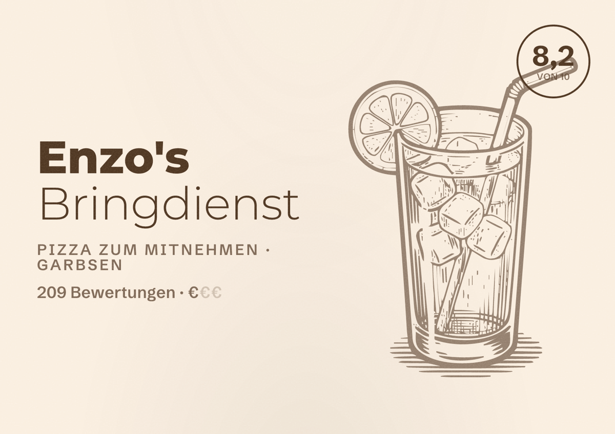 Illustriertes Poster von Enzo's Bringdienst, Pizza zum Mitnehmen in Garbsen: Bewertung 8,2 von 10 aus 209 Bewertungen, Preisniveau €
